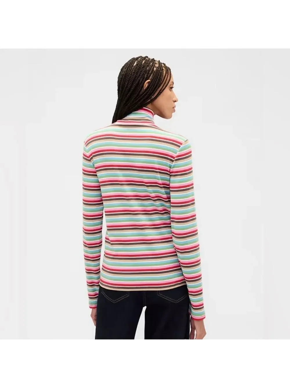Gap Happy Stripe Ribbed Colorful Turtleneck T-Shirt NWOT L Rainbow Stripes - Picture 2 of 6